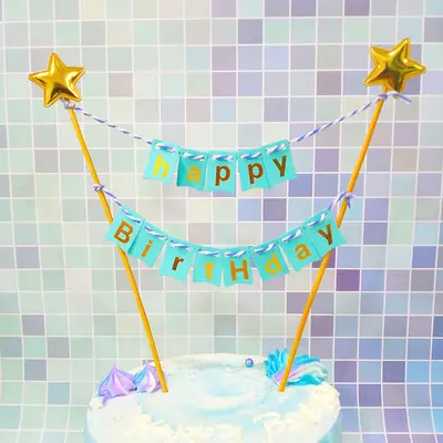 Mutlu doğum günü kek Topper Bunting kek Topper çelenk, el yapımı flama bayrakları ile ahşap kutup fildişi pembe güller