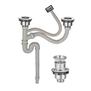 Siphon en P pour évier de cuisine double, kit de drainage de cuisine flexible et extensible Piège à double cuvette pour éviers de cuisine Pièces de rechange pour plomberie