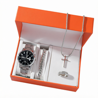 Ensemble cadeau de montre pour homme avec logo personnalisé, 4 pièces, montre en acier inoxydable argenté, collier croix, bracelet, bagues, vente en gros