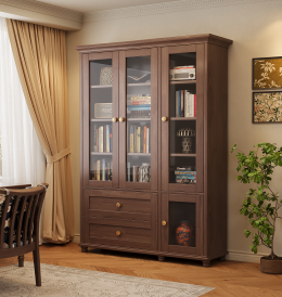 Librería Moderna de Madera con Puertas de Vidrio y Cajones, Mueble Tradicional para Sala de Estar, Unidad de Almacenamiento para el Hogar - Product Image 2