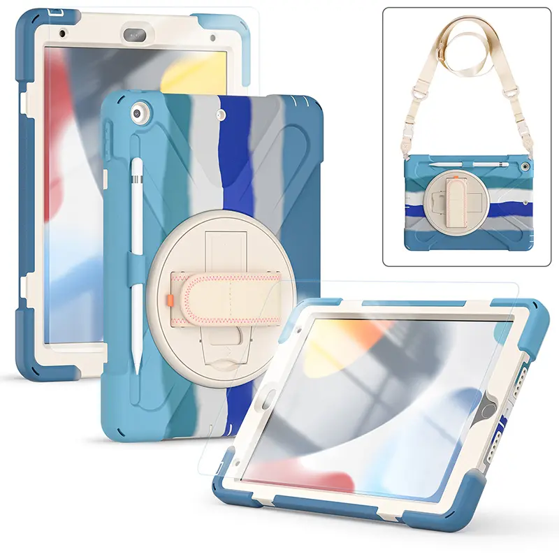 Funda Universal de silicona a prueba de golpes para tableta, funda resistente para iPad 10,2, 2021, 2020, 2019, portalápices, correa de hombro, soporte giratorio