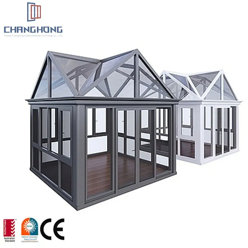 غرفة شمسية زجاجية من الألومنيوم بتصميم حديث خارجية، شمسية بفناء للحديقة، غرفة شمسية مستقلة