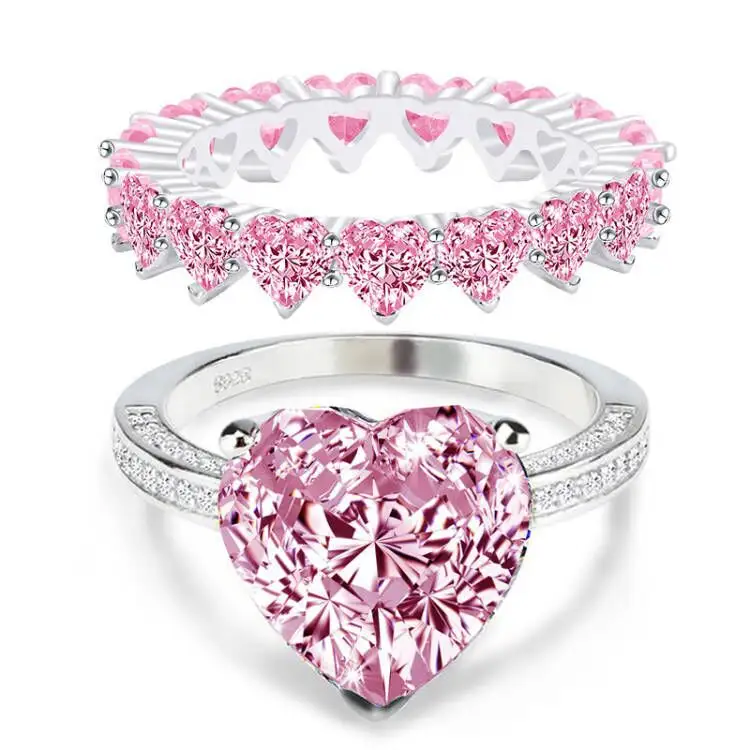 Amazon Hot Sale White Gold Plated Pink Gemstone Crystal Heart Ring Micro Pave Cubic Zirconia CZ Love Heart Bridal Ring Set
