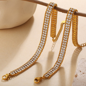 Bracelet double couche en zircon blanc, style européen et américain, plaqué or 18 carats, en acier inoxydable, bijoux de fête - Product Image 2