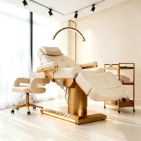 Fauteuil de soin esthétique électrique à 3 moteurs avec base dorée, en cuir PU, réglable en hauteur, inclinable et rotatif, pour spa facial et cosmétique