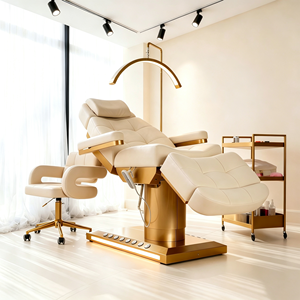 Sillón de Tratamiento de Belleza Eléctrico de 3 Motores con Base Dorada, Tapizado en Cuero PU, Altura Ajustable, Reclinable <span class=keywords><strong>y</strong></span> Giratorio, Cama Cosmética para <span class=keywords><strong>Spa</strong></span> Facial - Product Image 3