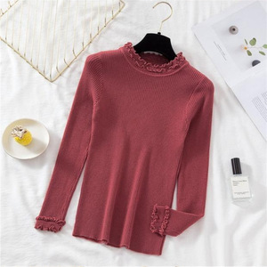 Venta al por mayor Otoño e Invierno Nuevo Slim-Fit Medio cuello alto Suéter Mujer Manga larga con borde de volantes apretado Camiseta de punto - Product Image 3