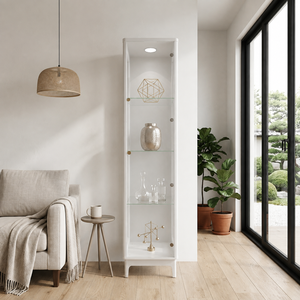 Vitrine haute en bois blanc moderne avec étagères pour salon - Product Image 4