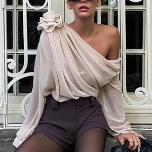 เสื้อยืดลายดอกไม้แขนยาวคอเฉียงแบบไม่สมมาตร เสื้อครอปสั้นแบบเซ็กซี่สำหรับผู้หญิง แฟชั่นเสื้อเบลาส์ - Product Image 2