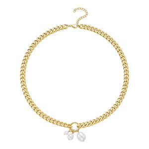 High Quality 18K Gold Plated Stainless Steel Jewelry Natural <strong>Pearl</strong> <strong>Pendant</strong> Thick Cuban Chain <strong>Necklaces</strong> P213208 - Product Image 1