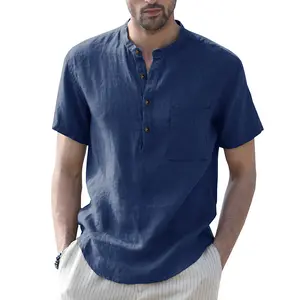 여름 새로운 면과 린넨 반소매 남자의 티셔츠 스탠드 칼라 버튼 반 오픈 간단한 반소매 셔츠 S-2XL