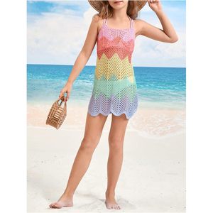 Vestido de playa corto de punto personalizado para niña pequeña, estilo camisero con cuello halter, de malla, holgado y con cordones. - Product Image 6