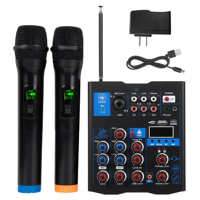 Professional Audio Mixer With Dual Wireless Microphone, Sound Board Console System Interface 4 Channel DJ Mixer