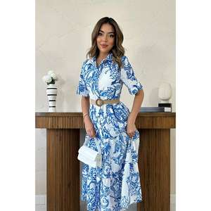 Robe de luxe bleue brodée avec manches à lacets, motif floral et uni en denim, longueur genou, automne (du XS au XL) - Product Image 3