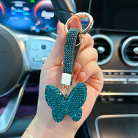 Femme élégant Portable plein strass cuir Strass lanière sac pendentif à breloques voiture porte-clés cristal papillon porte-clés