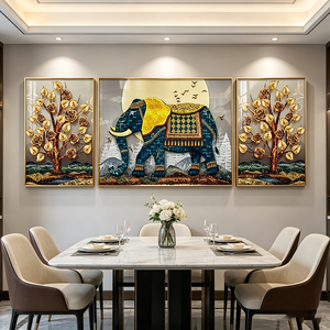 Factory Wholesale Hot Sale 3 Panels <b>Framed</b> Wall Art Auspicious Elephant Golden Money Tree Gold Rose Crystal Porcelain <b>Painting</b> - Product Image 3
