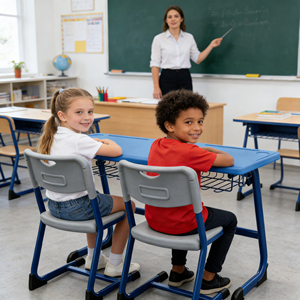 Conjunto <span class=keywords><strong>de</strong></span> Escritorio y Silla Doble Azul <span class=keywords><strong>en</strong></span> Forma <span class=keywords><strong>de</strong></span> C, Muebles Escolares <span class=keywords><strong>de</strong></span> Doble Uso para <span class=keywords><strong>Biblioteca</strong></span> Primaria - Product Image 1