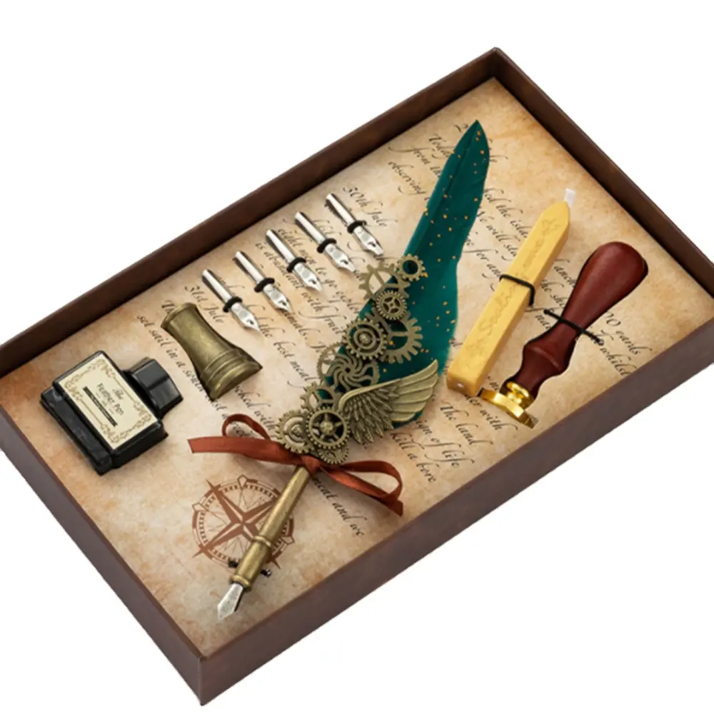Stylo à oreilles mécaniques en métal vert foncé, stylo à plume d'oie avec impression de point d'or, ensemble de stylo à plume et d'encre, cadeau