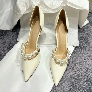High Quality Designer Inspired Pearl Strap High Heels Women's Patent Leather Pointed Toe Pumps with Genuine Leather <b>Insole</b> - Product Image 1
