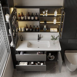 Meuble-lavabo flottant mural avec miroir intelligent Meuble-lavabo en bois massif Meuble-lavabo pour salle de bain - Product Image 1