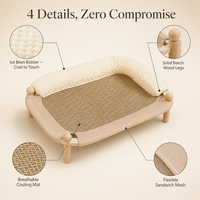 Lit surélevé pour chat en bois massif avec tapis rafraîchissant interchangeable et tapis en jute, transat d'intérieur pour animaux de compagnie, beige crème