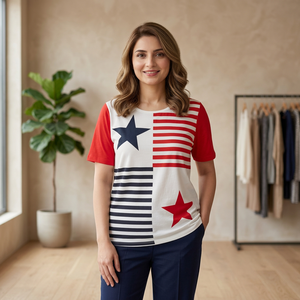 Camiseta de Cuello Redondo y Manga Corta con Estampado de Bandera en Bloques de Color, Corte Holgado, Informal, para Verano, 100% Algodón, Ropa Casual para Mujer - Product Image 1