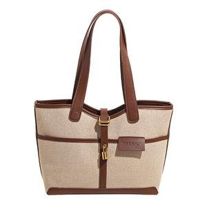 Sac cabas en toile beige et marron, style vintage, embellissement de serrure en métal, épaule/sac à main pour femme. - Product Image 6