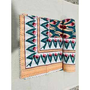 Cotton Kantha <b>Quilt</b> Bedspread With Hand Block Printed Textile Art Designed <b>For</b> Everyday <b>Bedding</b> Warmth And Elegant Interior - Product Image 6