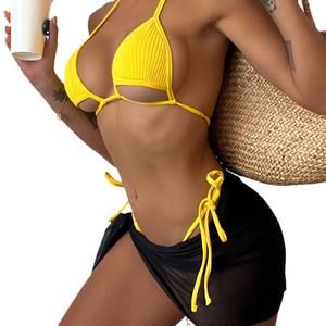 Bikini tricoté creux Sexy à lacets maillot de bain fendu 1 pièce ensemble avec drapé Bikini imperméable - Product Image 2