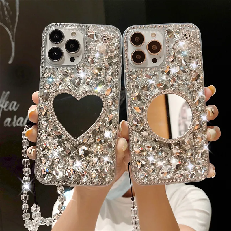 makeup mirror diamond bling phone case with strap for iphone 11 12 14plus,for iphone14 mirror case