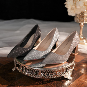 6555J <b>Glitter</b> Pumps Pointed Toe <b>Block</b> <b>Heel</b> High 5cm 8cm Bridal Shoes Comfort Crystal Decoration Wedding Daily Wear - Product Image 4