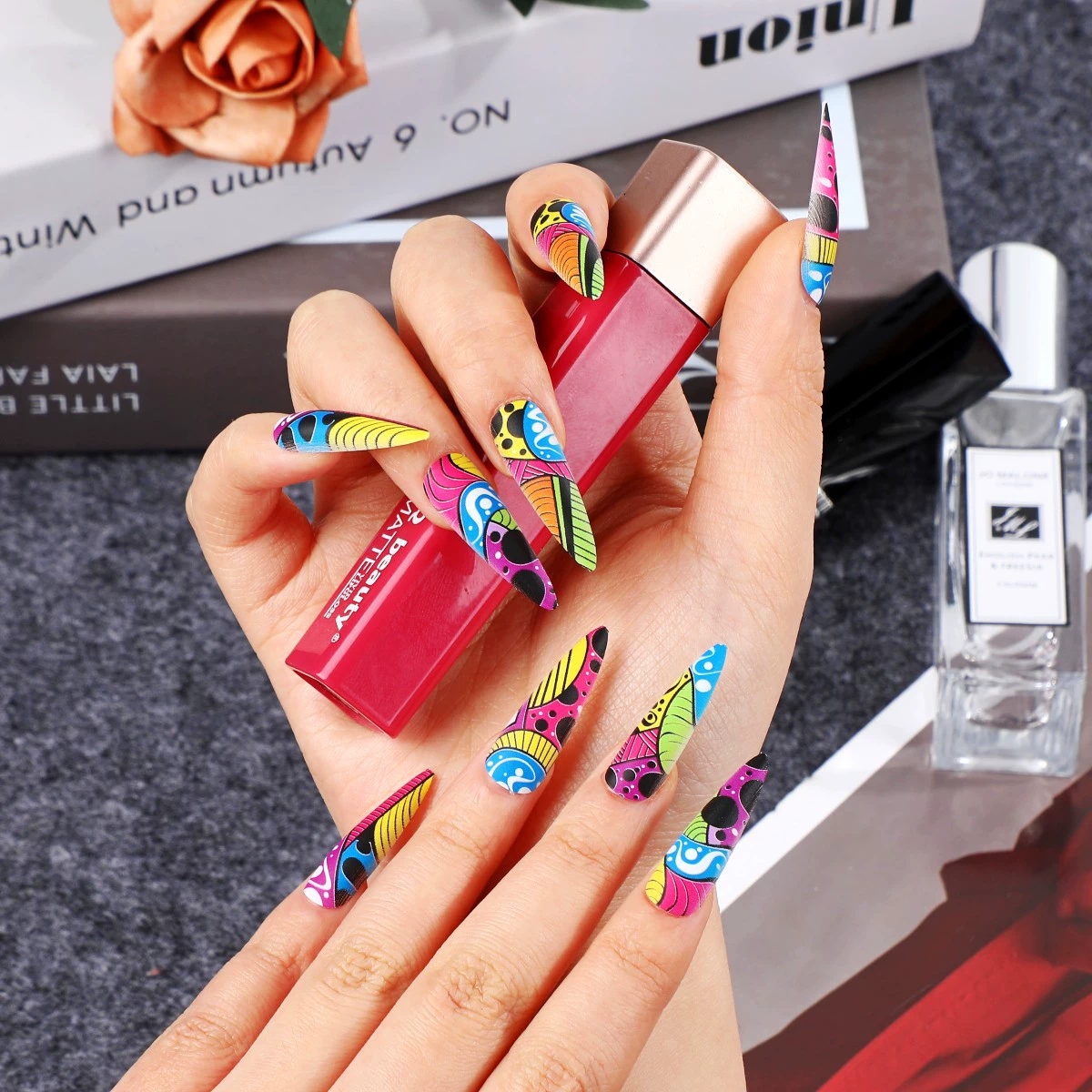 Hot Selling New 24pcs Girl False Nails Press on Fingernails Long Stiletto  3D Colorful Artificial Designs Nail Tips Abs Manicure| Alibaba.com, image size:1200x1200