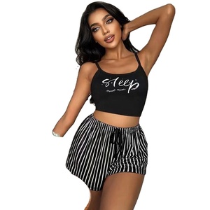 Nouvel ensemble short à cordon pour femme, imprimé lettres et rayures, vêtements d'intérieur pour femme pouvant être portés à l'extérieur - Product Image 6