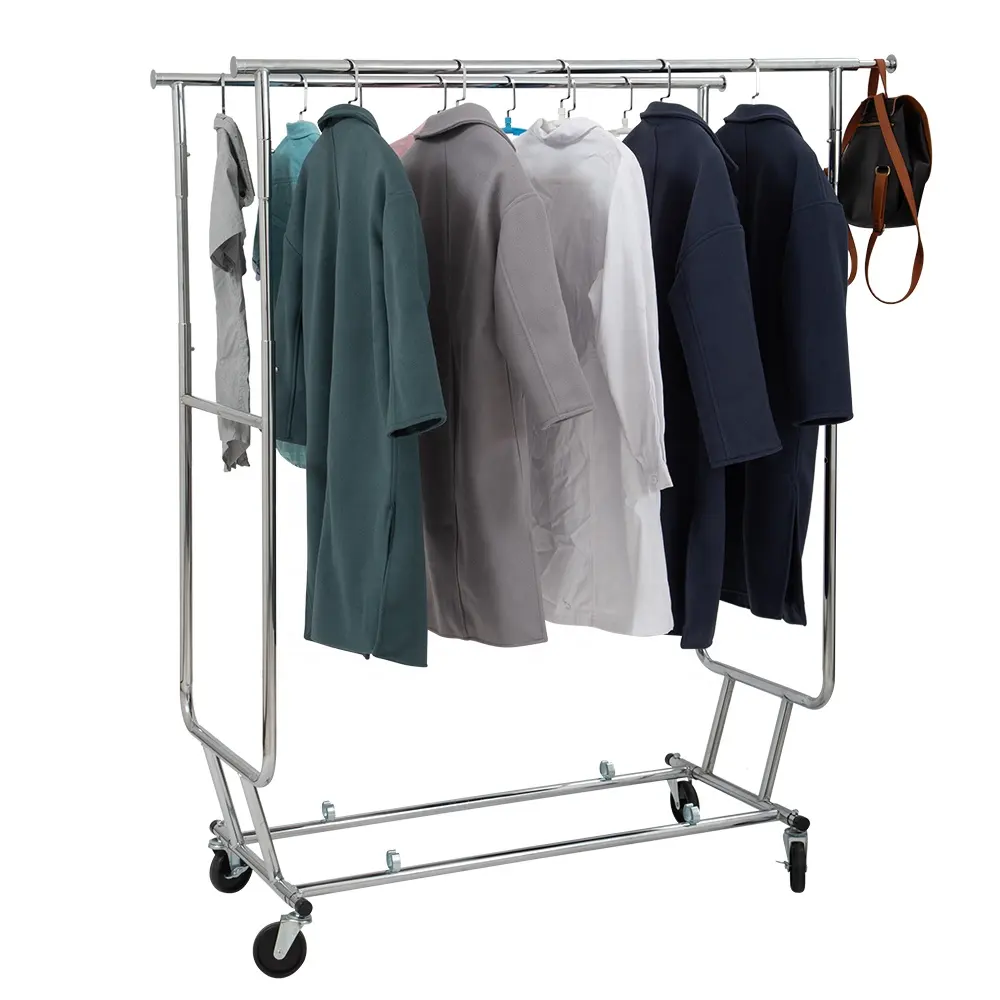 Industrial Pipe Clothes Rack Double Rail On Wheels With Hanging Metal Clothing Rack Organizer For Garment Storage Display