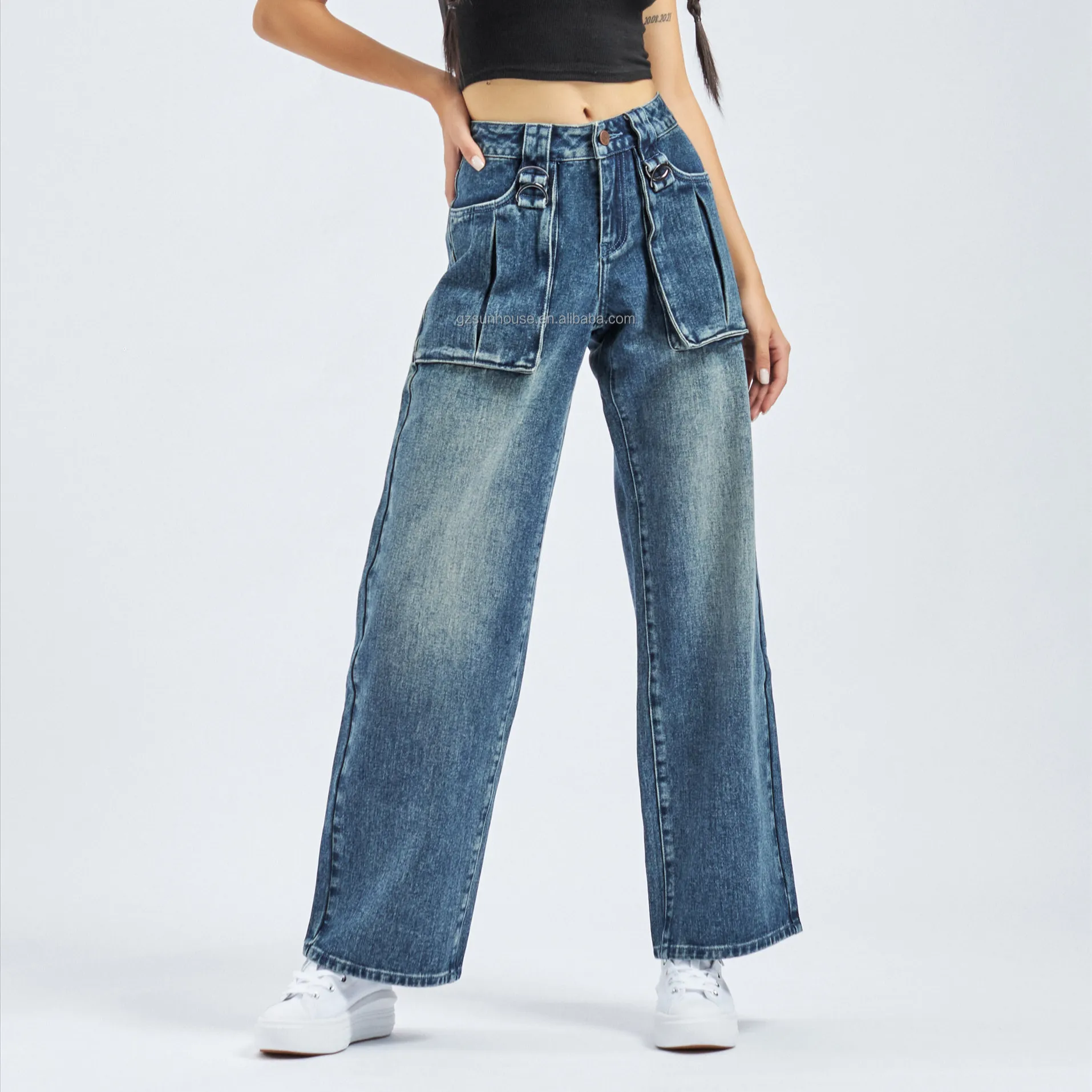 Modieuze Trend Baggy Pocket Met D-Ring Metalen Detail Urban Straight Vrouwen Denim Jeans Jeans Heren Streetwear