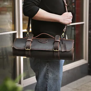 Yeni tasarım çılgın-at deri sırt çantaları profesyonel şef bıçağı rulo çanta 11 yuvaları taşınabilir çanta siyah