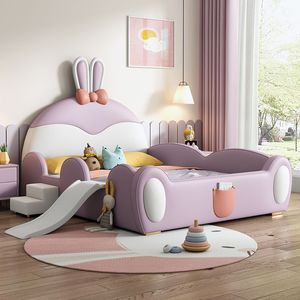 Kreatives Modernes Kinderbett mit Rutsche, Gepolstertes Hasenohren-Kinderbettgestell für Jungen und Mädchen, Kleinkind-Möbel mit Sicherheitsgeländer - Product Image 1