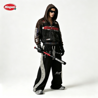 2026 380g Veste à capuche streetwear oversize zippée en coton, style racing color block, imprimé étoiles vintage, effet vieilli, avec poche kangourou