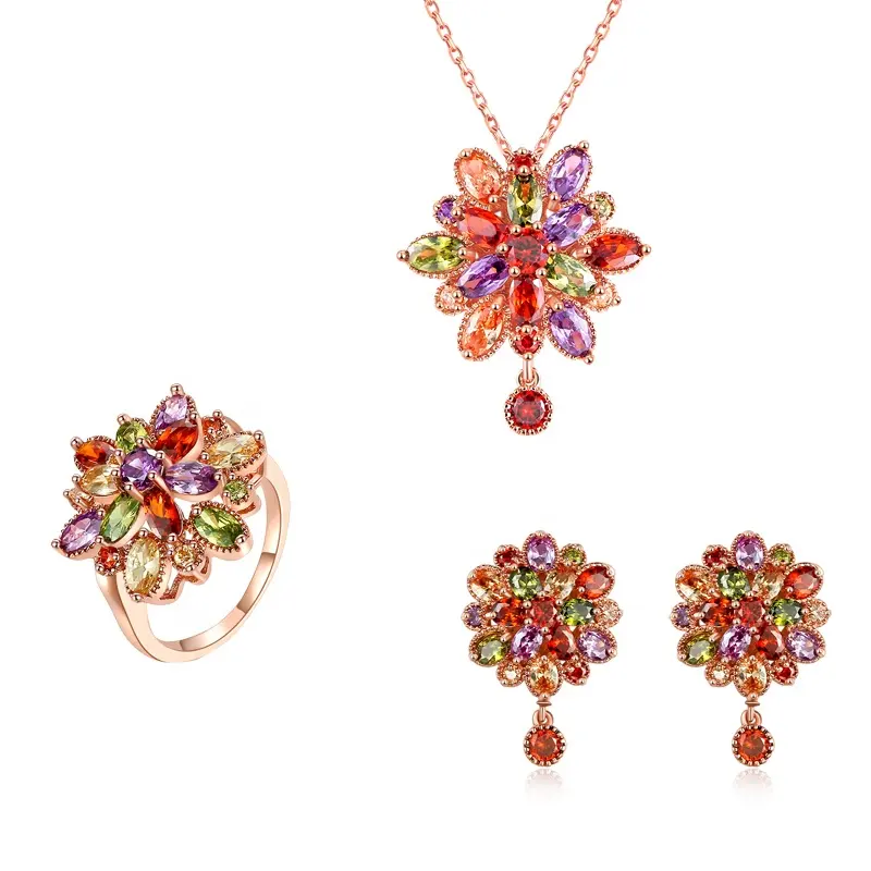 Clásico arcoíris flor pendiente stud, anillo y colgante collar conjunto de joyería disfraz chapado en oro rosa conjunto de joyería nupcial