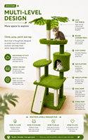 Arbre à chat décoratif en forme de plante, avec poteaux à gratter en sisal naturel, tour d'escalade multi-niveaux en velours, carton écologique