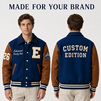 Veste de baseball personnalisée pour homme, bleu marine et marron, fabrication OEM, marque privée, bordure côtelée en chenille, boutons, veste universitaire en laine, fabricant
