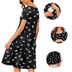 Abito da Allattamento Estivo a Maniche Corte, <span class=keywords><strong>Vestito</strong></span> <span class=keywords><strong>Premaman</strong></span> Casual Mini, <span class=keywords><strong>Nero</strong></span> Floreale in Morbido Cotone Elasticizzato con Scollo a V e Linea ad A - Product Image 4