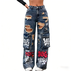 High Street Women Baggy <strong>Trousers</strong> High Rise Multi Pockets Faded Washed Denim Wide Leg Cargo Denim Jeans Womens Denim Jeans - Product Image 5