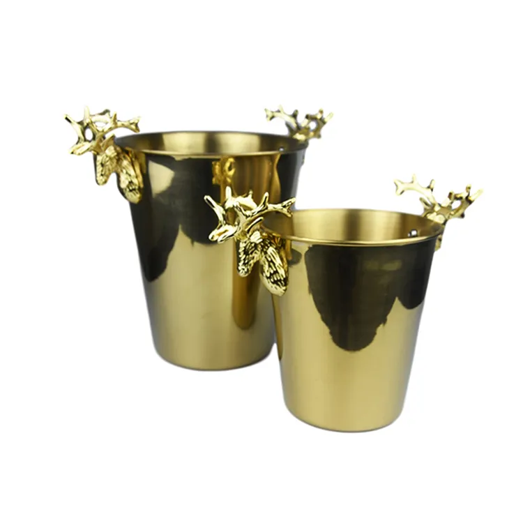 Balde de gelo champagne em aço inoxidável, tendência, luxo, com suporte em forma de cervos