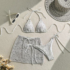 Ensemble bikini 3 pièces en maille pour femme, maillot de bain triangle dos nu à nouer sur les côtés, rembourrage amovible, séchage rapide, avec mini-jupe de plage - Product Image 6