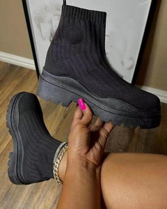 S371 moda de otoño tejido elástico invierno Slip On zapatillas Casual corto tobillo <span class=keywords><strong>plataforma</strong></span> mujeres señoras calcetín botas - Product Image 6