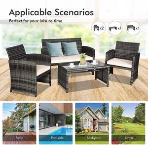 4 टुकड़े-पोर्च फर्नीचर सेट, आउटडोर पे रतन चेयर विवर मोटी कुशन और ग्लास टॉप कॉफी टेबल के साथ - Product Image 4