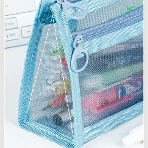 जिपर पाउच स्कूल छात्र त्रिकोण पेन के साथ डबल जेब स्पष्ट नायलॉन पेंसिल मामला - Product Image 3