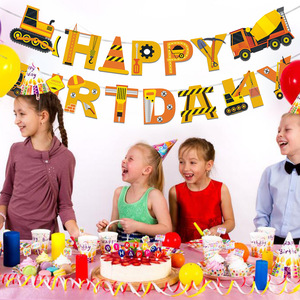 Guirlande de fête d'<span class=keywords><strong>anniversaire</strong></span> sur le thème des dessins animés avec des motifs de véhicules de construction, de dinosaures et de camions de pompiers, bannière en papier avec drapeaux à tirer - Product Image 3