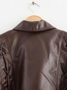 Chaqueta corta de cuero PU con estilo para mujer, Moda de Primavera, estilo callejero, chal, cuello, botón a prueba de viento, <span class=keywords><strong>faja</strong></span>, chaqueta de cuero para mujer - Product Image 6